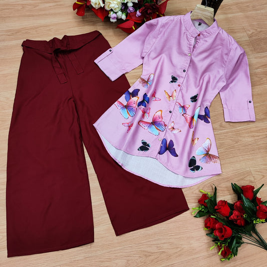 Butterfly Breeze Flex Cotton Plazzo Set – Pink & Maroon