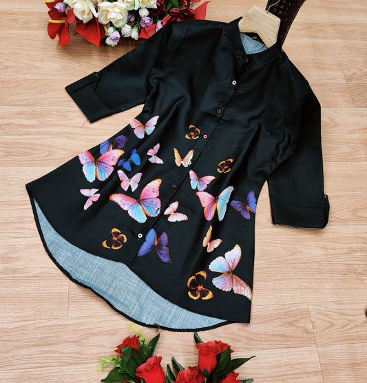 Butterfly Bloom Cotton Flex Black Top