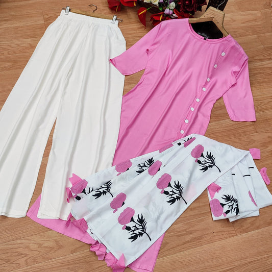 Urban Bloom Pink 3-Piece Kurti Set - Digital Elegance Edition