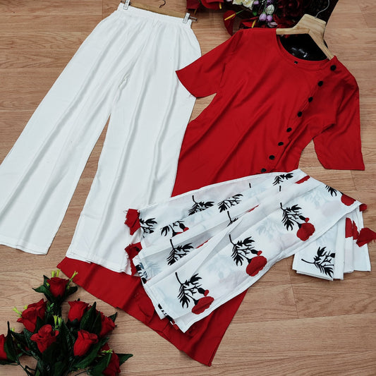 Urban Bloom Red 3-Piece Kurti Set - Digital Elegance Edition