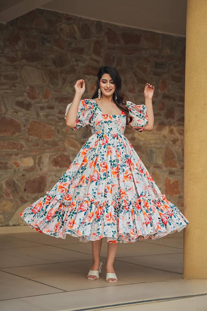 Blossom Whirl Puff-Sleeve Anarkali Midi Dress
