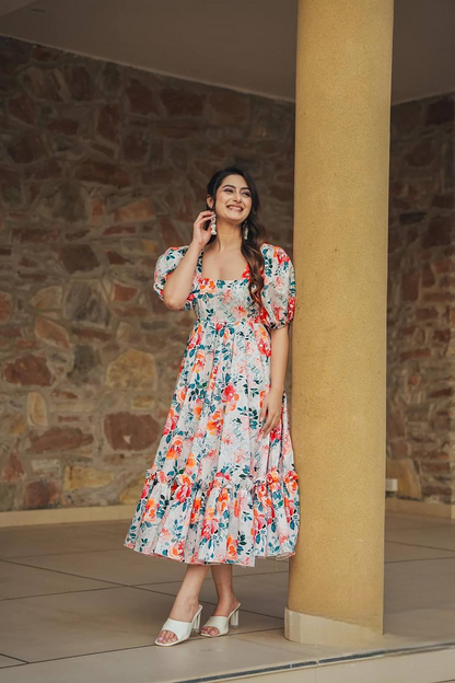 Blossom Whirl Puff-Sleeve Anarkali Midi Dress