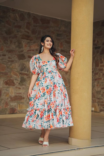 Blossom Whirl Puff-Sleeve Anarkali Midi Dress